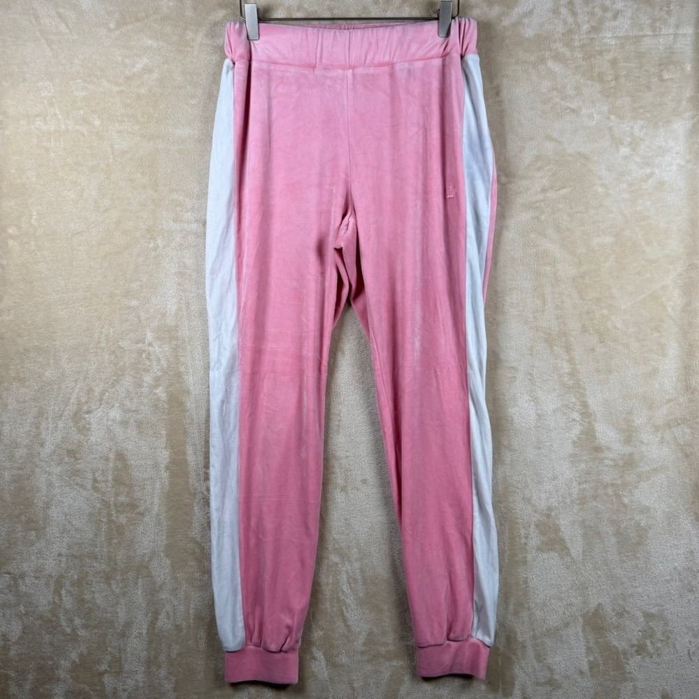 Juicy by Juicy Couture Sm Pink Velour Joggers White Side Stripe Crown Logo Y2K